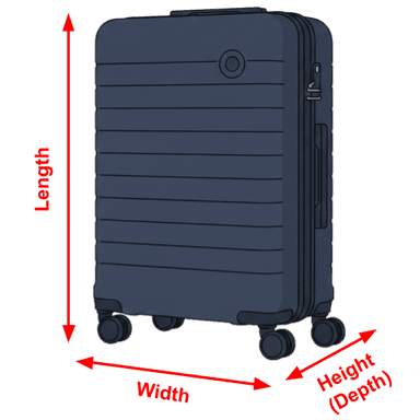 Suitcase with LWH dimensions over limit highlighted