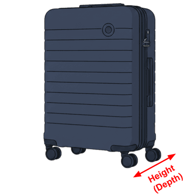 Suitcase with H dimension over limit highlighted