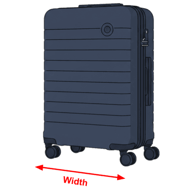 Suitcase with W dimension over limit highlighted