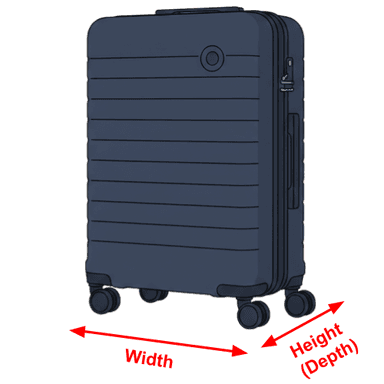 Suitcase with WH dimensions over limit highlighted